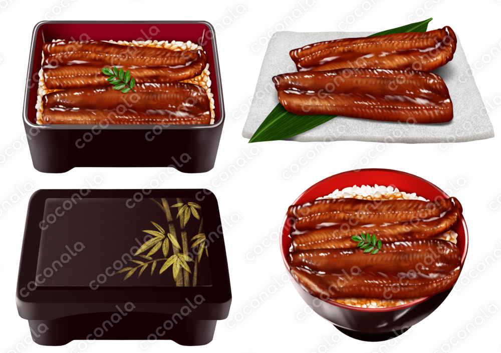 土用の丑の日に！鰻屋さんに！リアルタッチの鰻料理セット/背景透過PNG/商用利用可