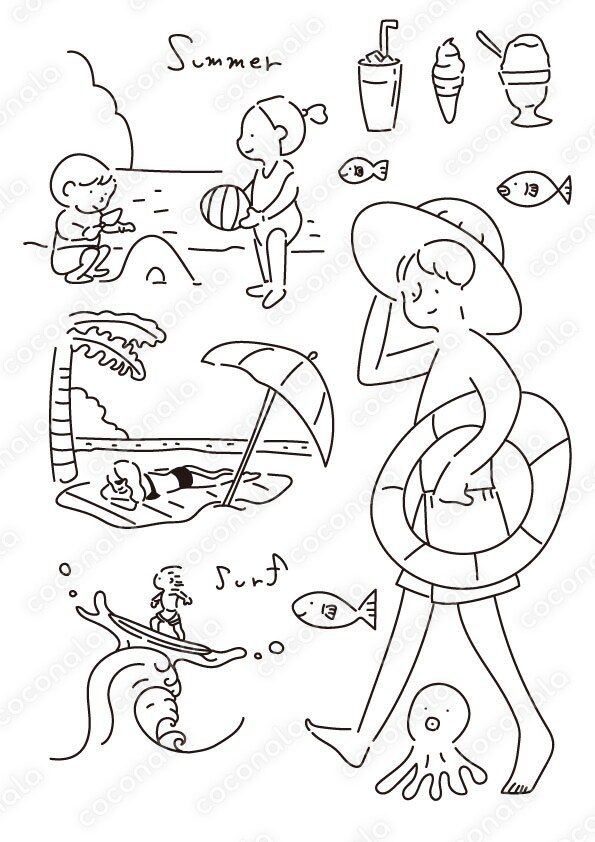 手書き風シンプル線画夏海素材イラスト