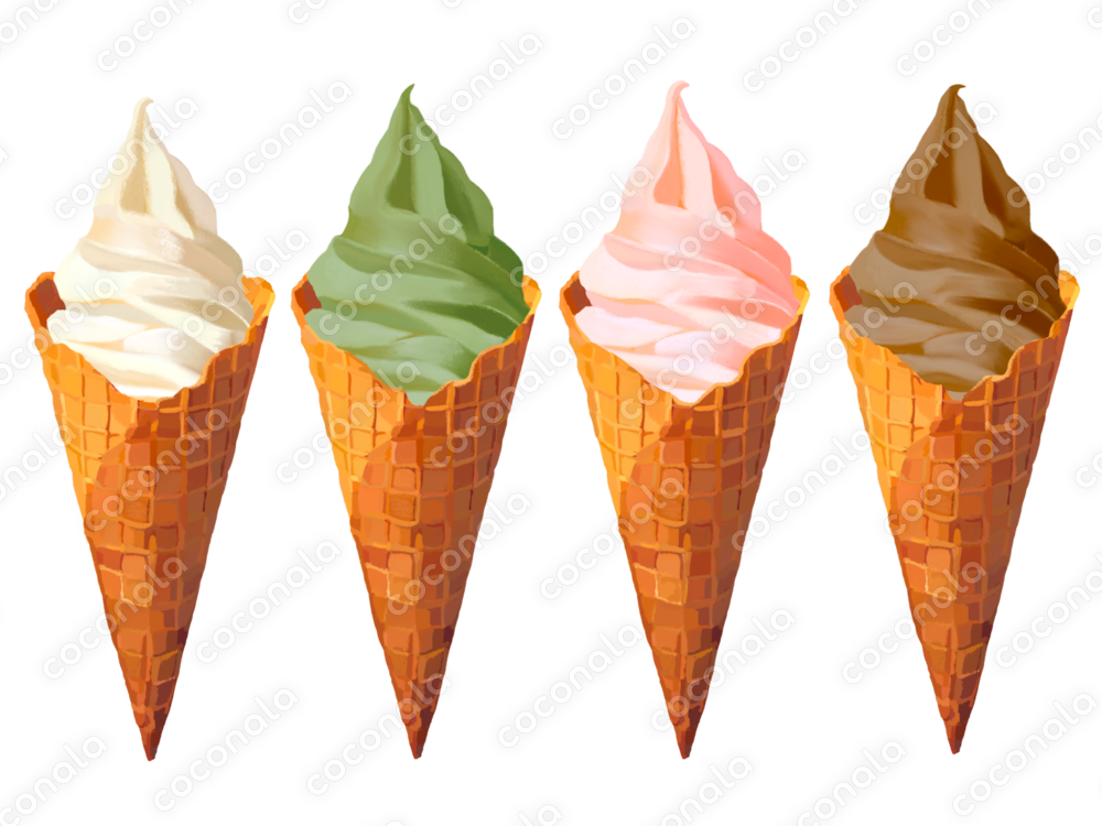 ワッフルコーンソフトクリーム4種（バニラ、抹茶、いちご、チョコ）期間限定500円！8／31まで