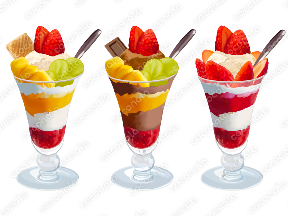 フルーツパフェ3種のイラスト。期間限定500円！8／31まで