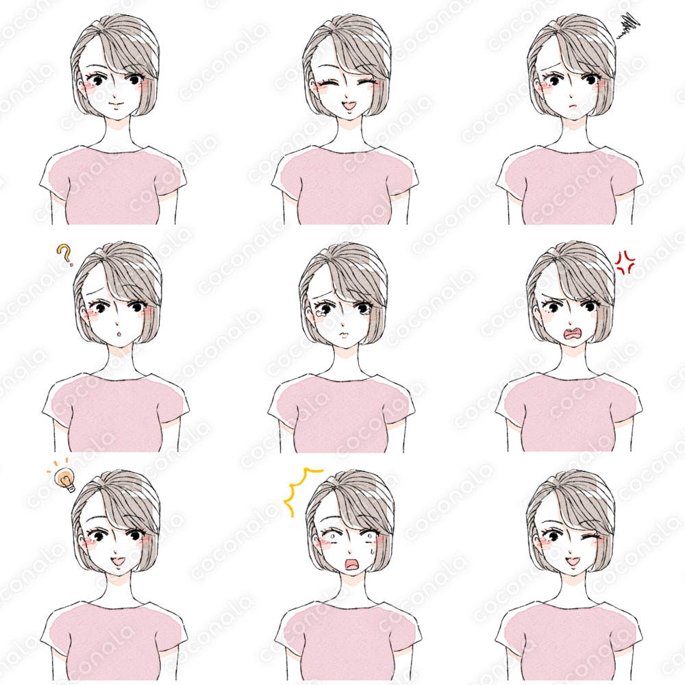 女性アイコン表情9点セット/商用利用OK