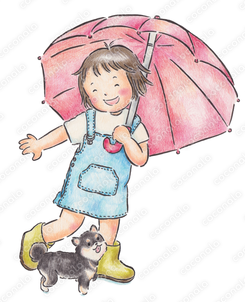 傘をさした女の子と豆柴の手描きイラスト
