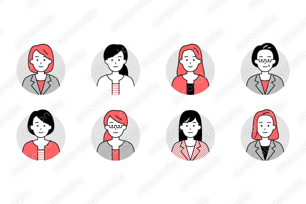 8人のスーツの女性のアイコンセット