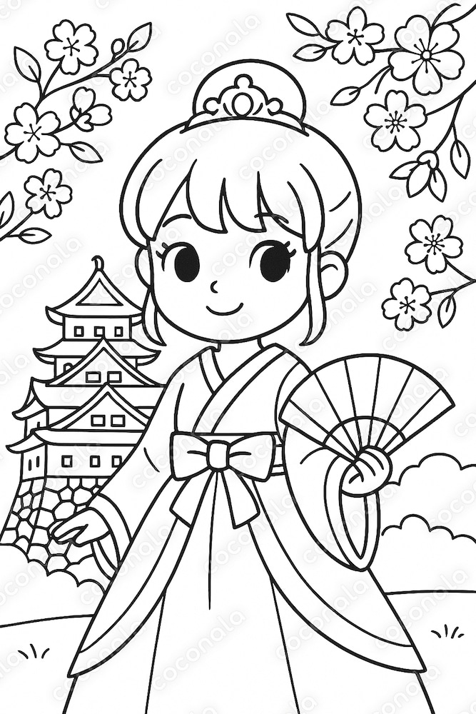 【ぬりえ】和風のお姫様