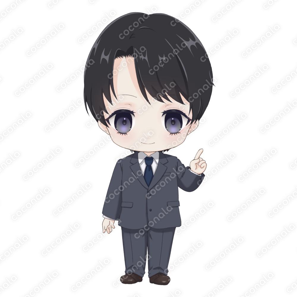  【背景透過】ビジネスでも個人でも使いやすい、男性ミニキャライラスト素材！(指差ししている)