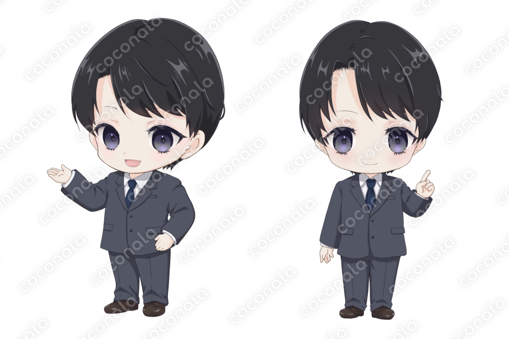  【背景透過】ビジネスでも個人でも使いやすい、男性ミニキャライラスト素材！(2点セット)