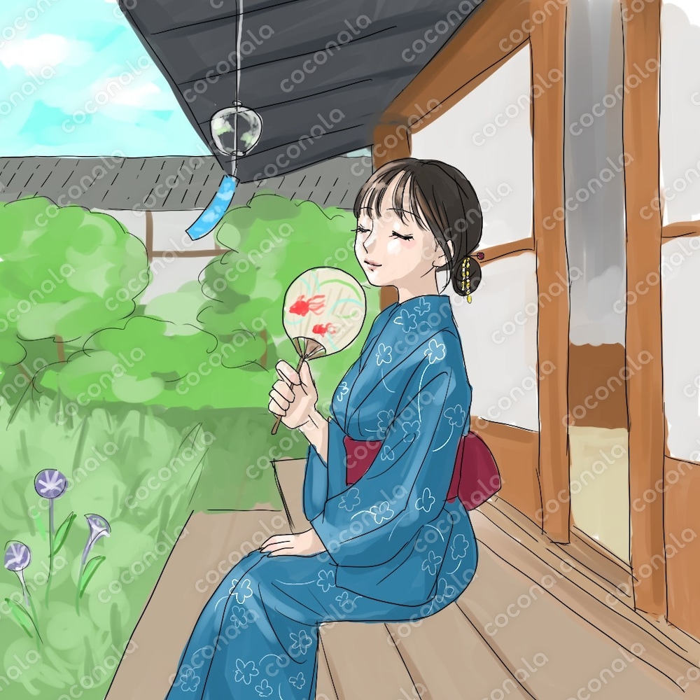 浴衣姿の女性が縁側で涼むイラスト