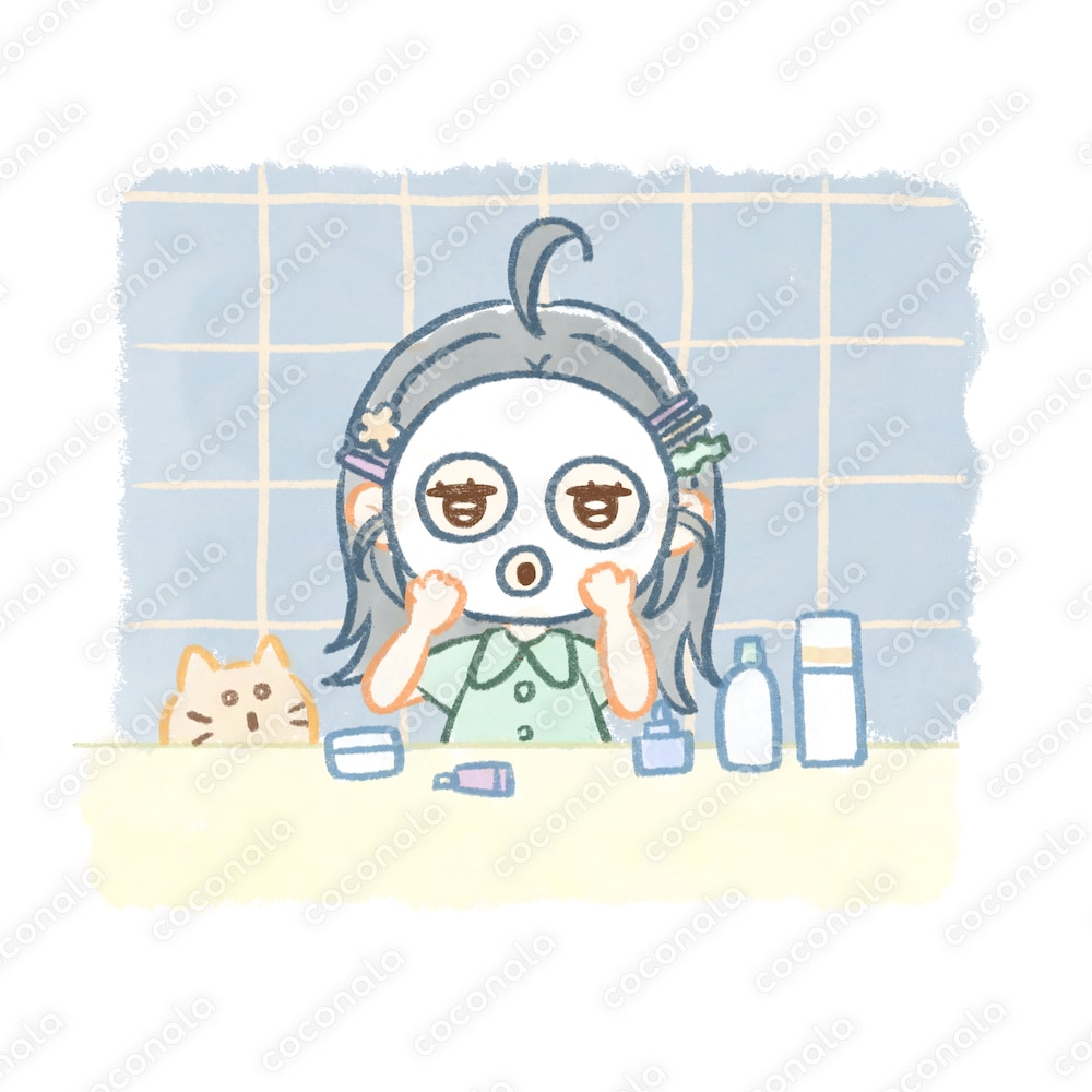 スキンケアをしている女の子とねこ