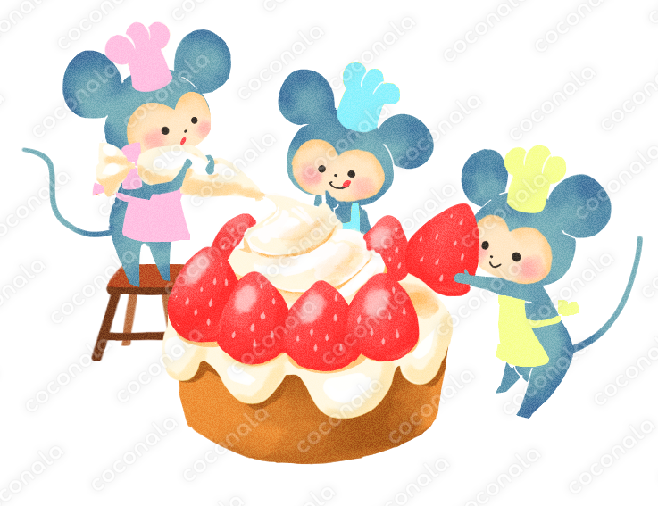 いちごケーキを作るねずみたち