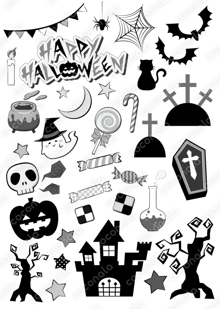 ハロウィン　イラスト素材（モノクロ）