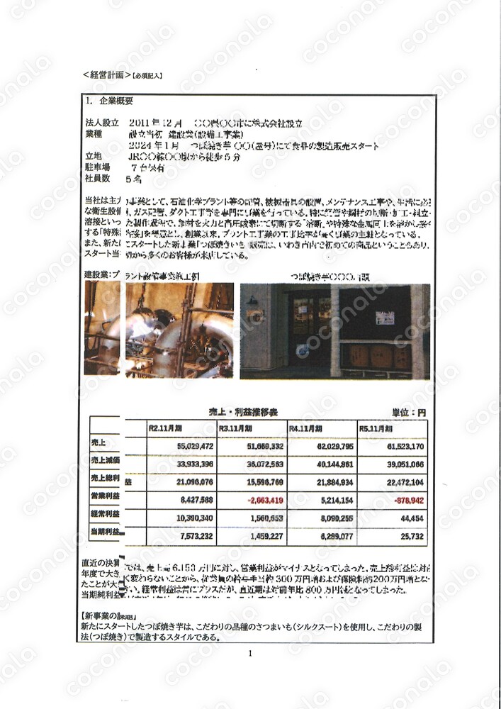 採択になった補助金の事業計画書－小規模事業者持続化補助金－建設業が焼き芋製造小売りに進出
