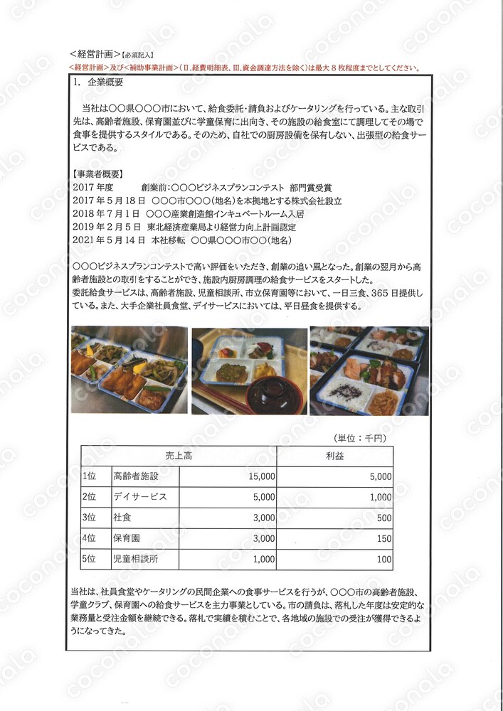 採択になった補助金の事業計画書－小規模事業者持続化補助金－給食サービス事業の設備導入