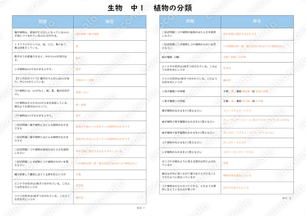 【中1理科】植物の分類まとめプリント｜問題＆解答付きA4シート