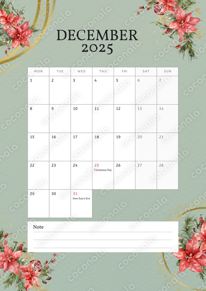 December 2025 Calendar Printable / A4