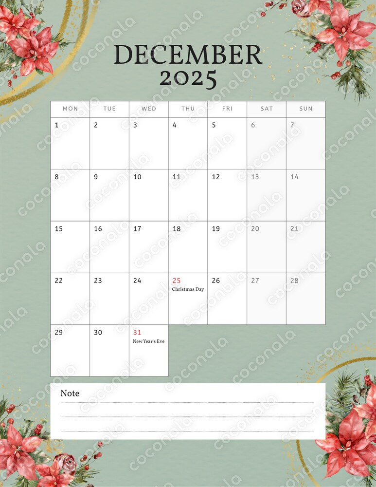 December 2025 Calendar Printable / US Letter Size