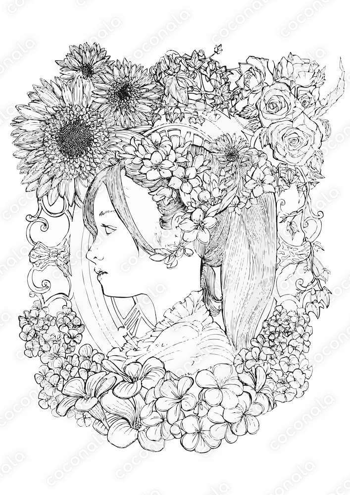  横顔の少女と花の線画