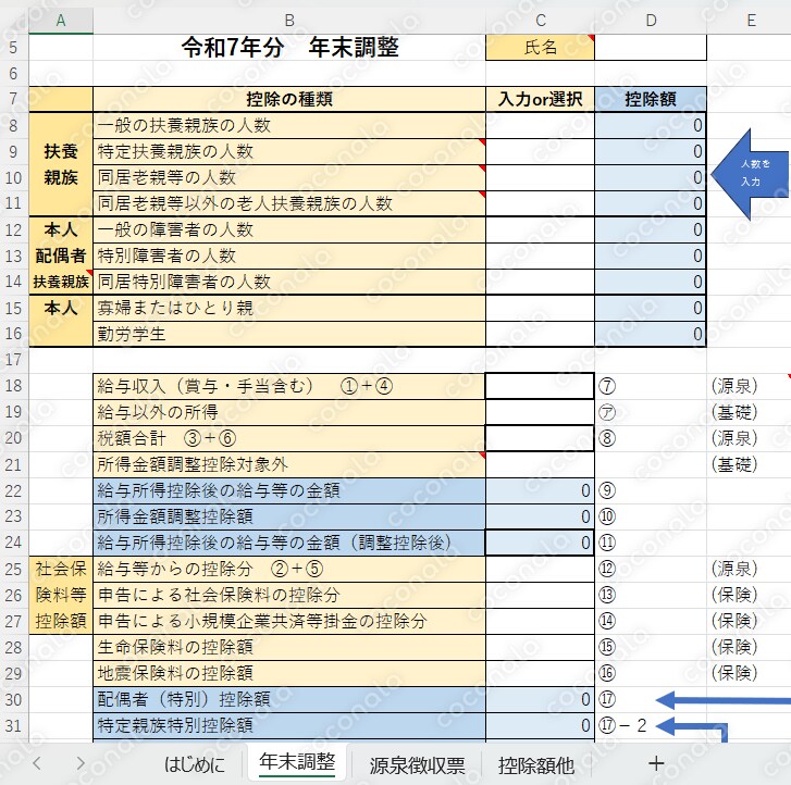 令和7年分の年末調整対応！収入金額から配偶者（特別）控除額や特定親族特別控除額を算出します。