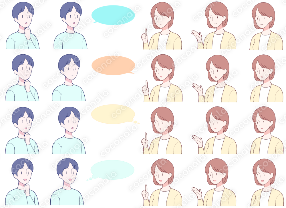 【ブログ・資料】男女ペア会話用アイコンセット（表情/吹き出し差分）