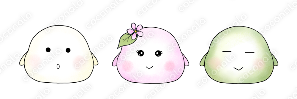 和菓子キャラ3点セット｜大福ちゃん・桜餅ちゃん・よもぎちゃん（PNG）