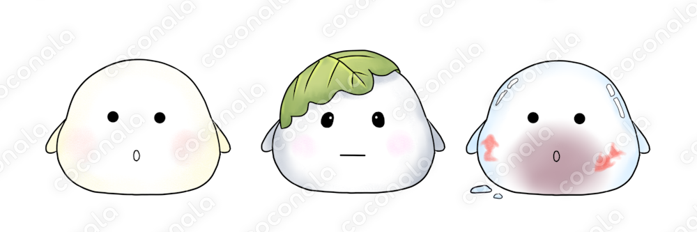 和菓子キャラ3点セット｜大福ちゃん・柏餅ちゃん・水饅頭ちゃん（PNG）