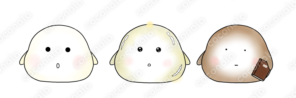 和菓子キャラ3点セット｜大福ちゃん・わらび餅ちゃん・黒糖ちゃん（PNG）