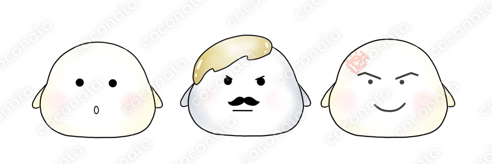 和菓子キャラ3点セット｜大福ちゃん・みたらしくん・酒饅頭くん（PNG）