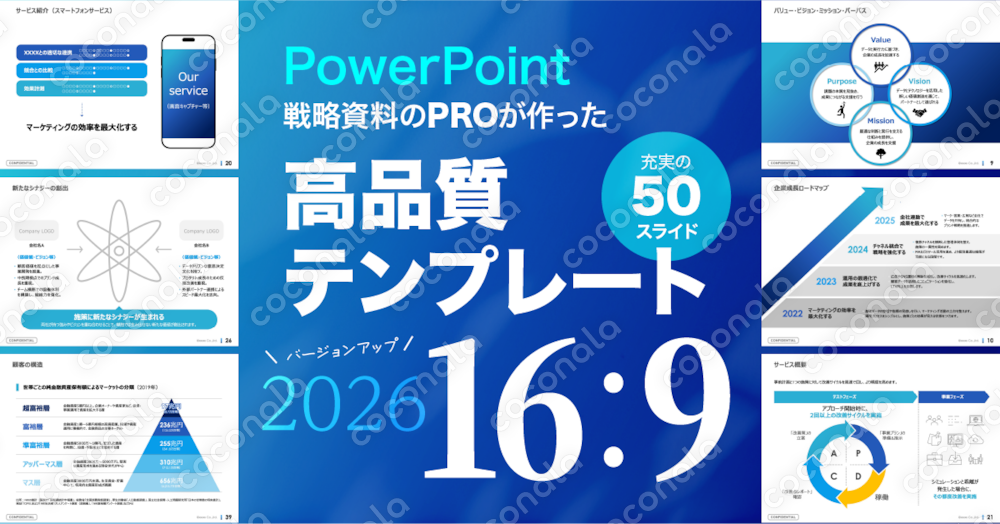 ビジネス資料が思い通りに作れる！すぐ整う！戦略デザイナー監修の高品質パワポテンプレ 16：9｜50枚