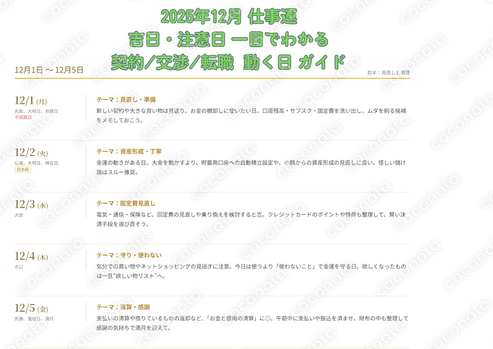 【2025年12月】仕事運 吉日カレンダー（天赦日/一粒万倍日/不成就日）PDF｜攻める日・準備日