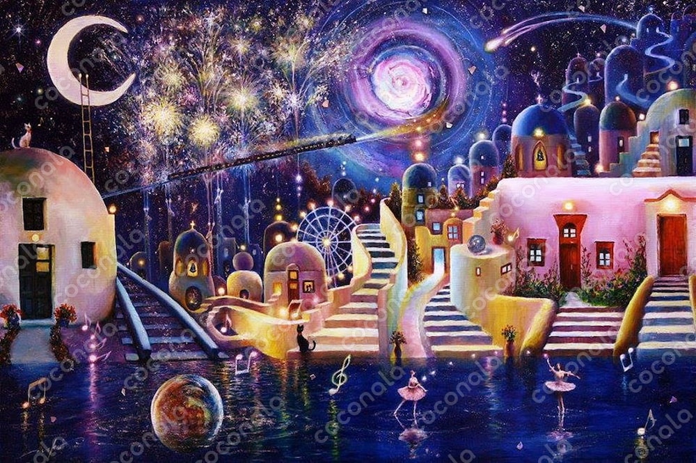 油彩画 「 空色の街 」 3Dキャンパス 夜が来る」 原画 黄昏×街 濃い青