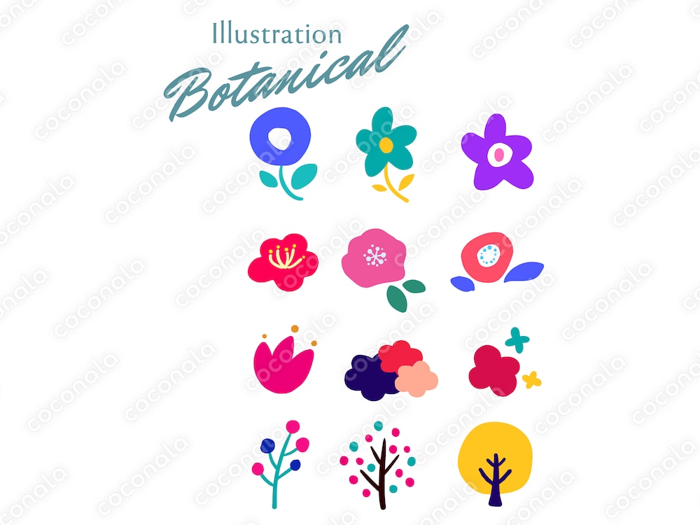 【ボタニカルイラスト素材セット】植物の挿絵 ビビッドカラー 12点（商用利用OK・加工編集OK）