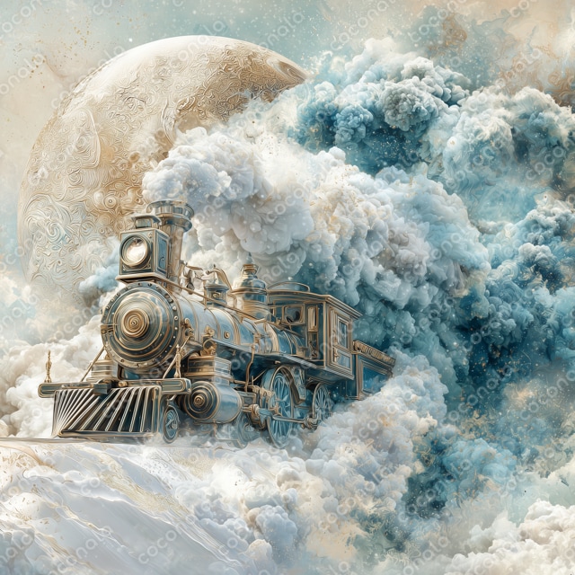 ◆月と雲の中を走る幻想列車のイラスト｜背景・動画・表紙に
