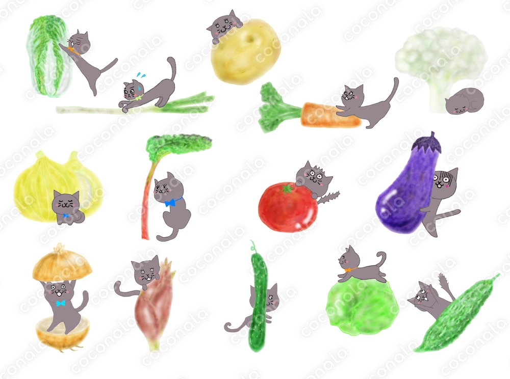水彩タッチの「野菜と猫」イラスト｜JPEG形式｜そのまま使える画像素材