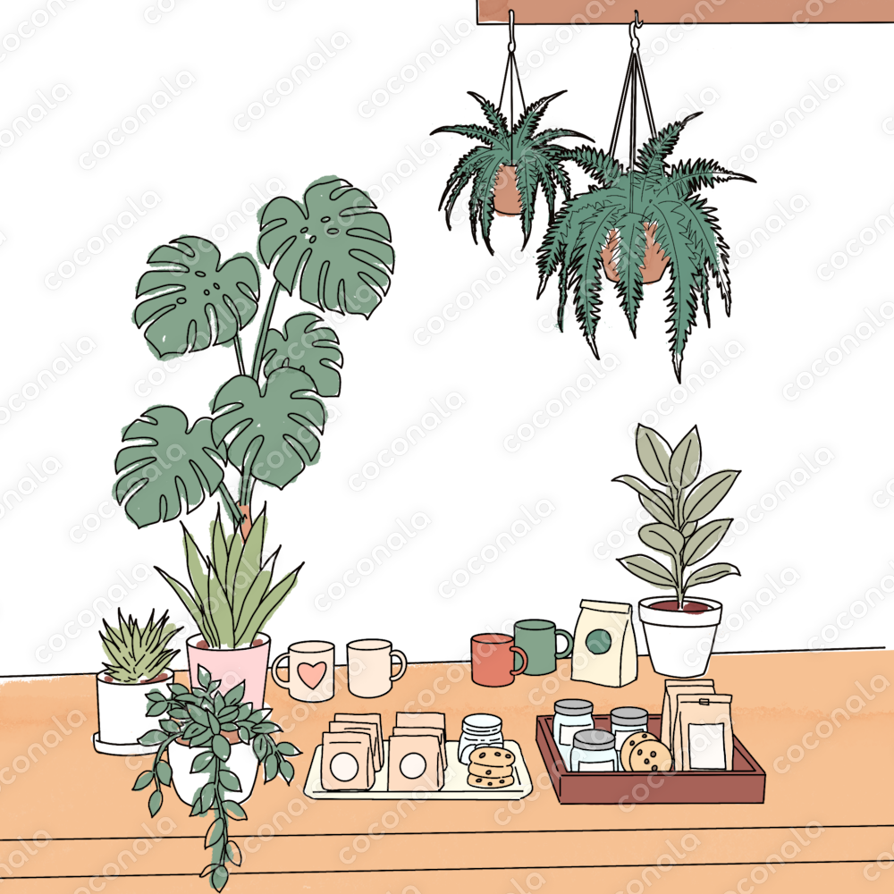 商用OK】植物とカフェの温かな手書き線画イラストセット｜ブログやSNS、WEBデザインの挿絵に