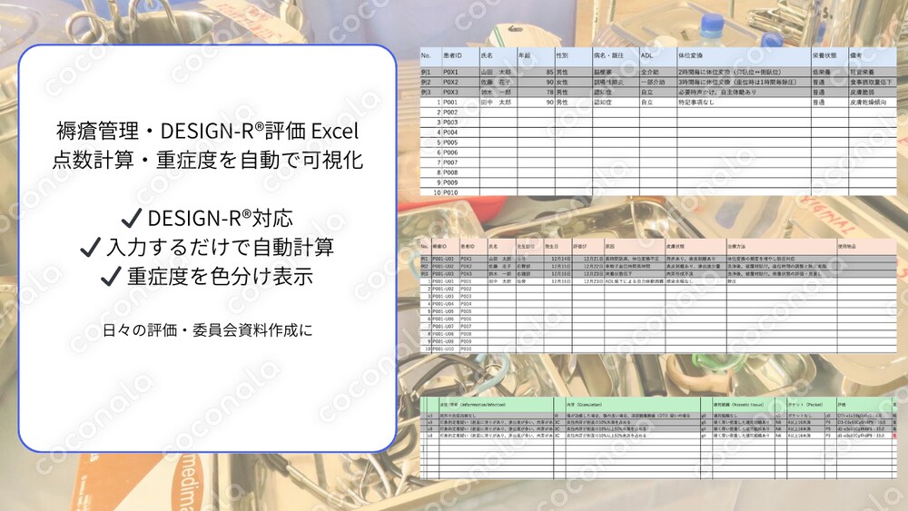 褥瘡管理・DESIGN-R®評価 Excel管理表｜自動点数計算・重症度判定
