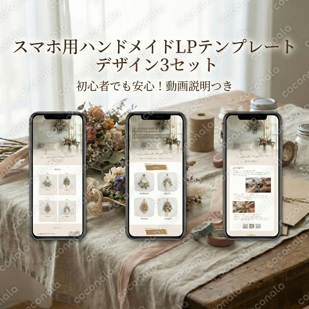 【動画マニュアル付】スマホで完結！ハンドメイド作家専用スマホLPテンプレート3種セット