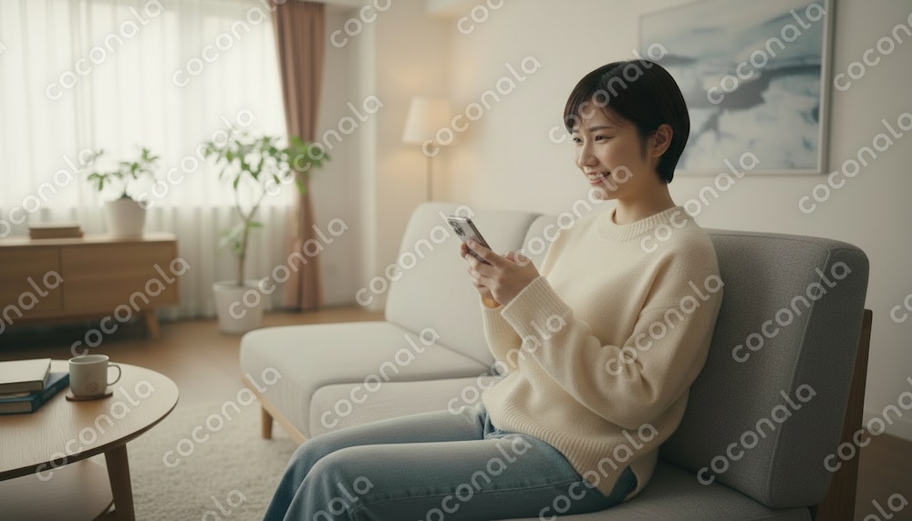 部屋のソファに座ってスマホを操作する20代ショートカットの女性2