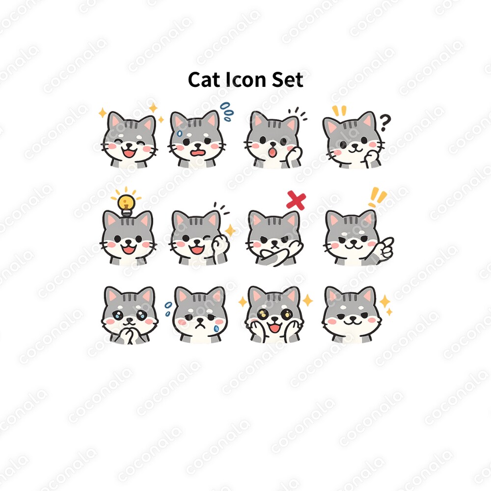 【商用利用OK】猫アイコン素材セット|PNG|影あり・影なし|Canva対応