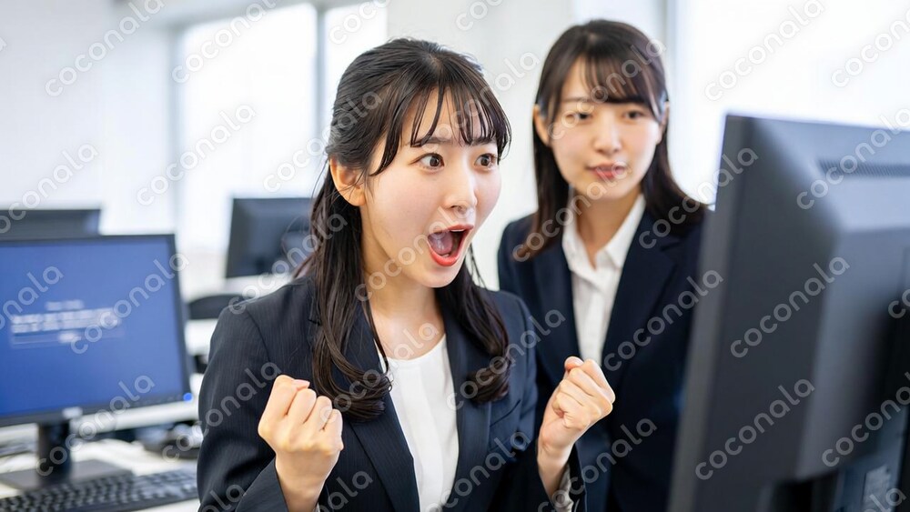 ビジネス用素材－オフィスで働く女性4-PCモニタに向かってガッツポーズ
