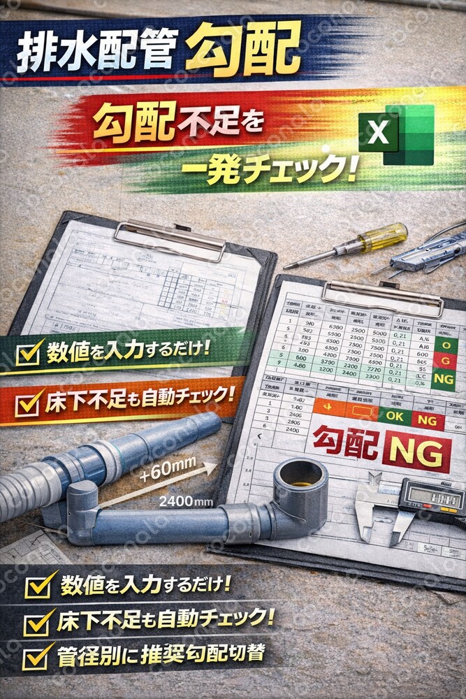 飲食店向け　排水配管の勾配、成立可否を自動判定するExcel