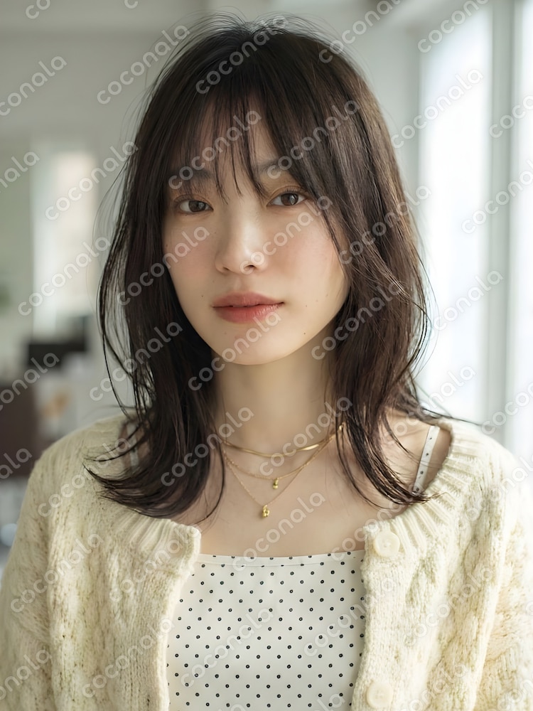 【美容院スタイル写真販売】鎖骨ミディアム/透明感グレージュ AIサロンスタイル画像