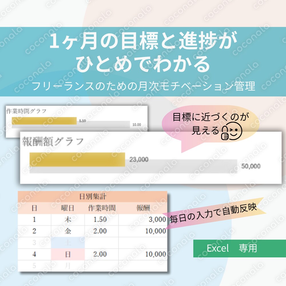 【Excel専用】作業ログから月次の目標・進捗をグラフで見える化する管理テンプレート