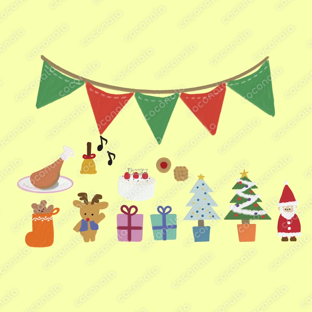 サンタとトナカイのクリスマスパーティー 油絵風クリスマスモチーフ素材セット（3000px）