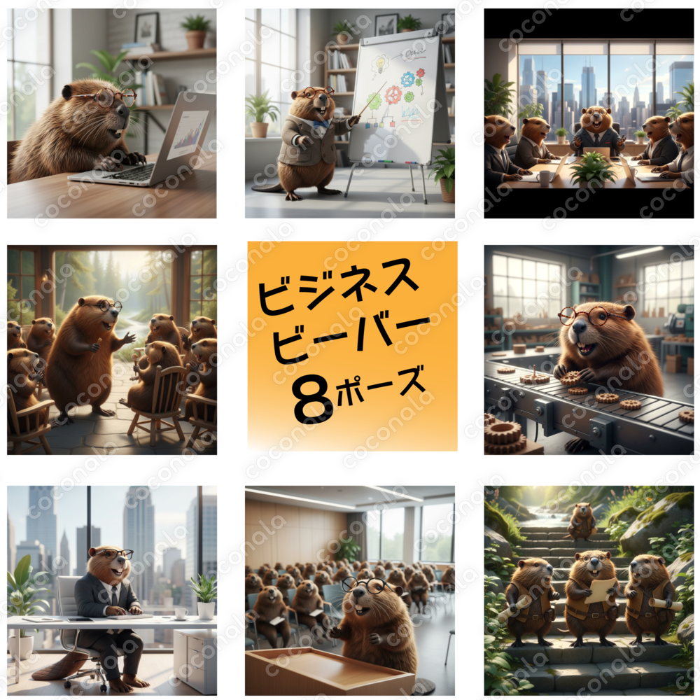 ビジネスビーバーAI写真素材8点セット|SNS・ブログ・資料に使えるPNG素材