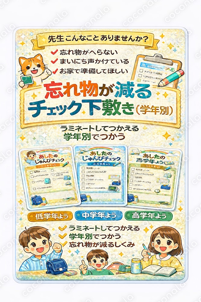 忘れ物が減るチェック下敷き（学年別）ラミネートしてつかえるPDF教材