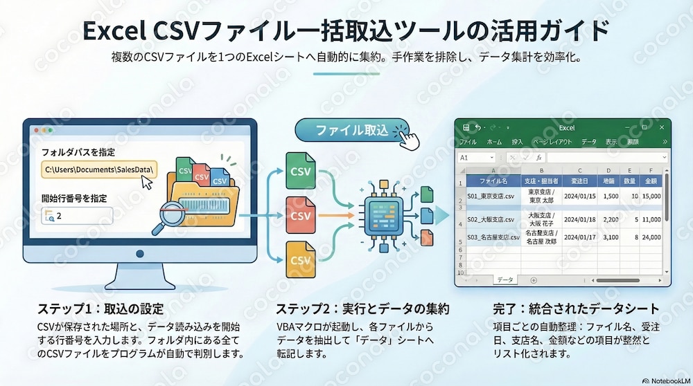 【業務効率化】CSVファイル一括取込ツール｜ワンクリックでフォルダ内のCSVファイルを1シートに統合