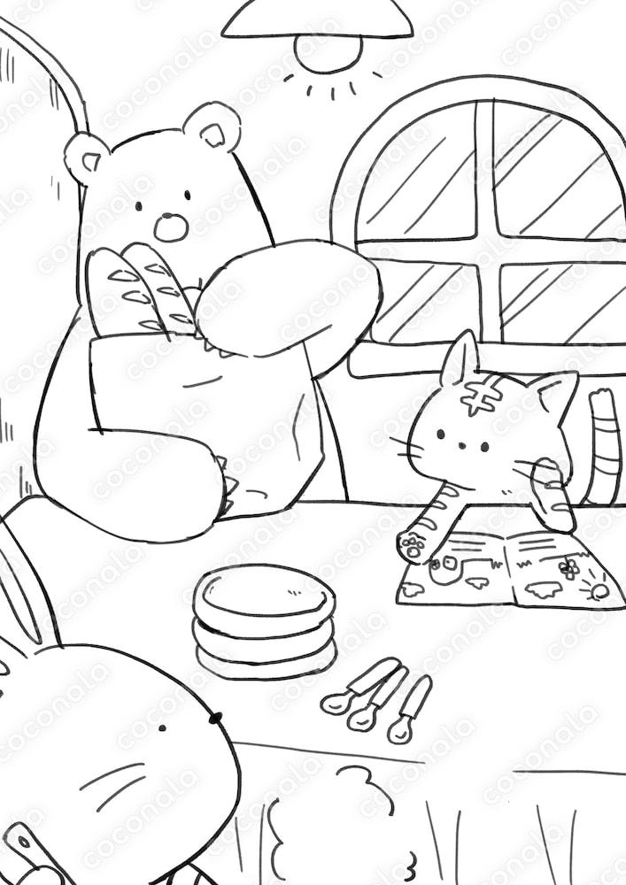 塗り絵用線画イラスト　二次利用・商用利用可　ごはん前のどうぶつさん一家
