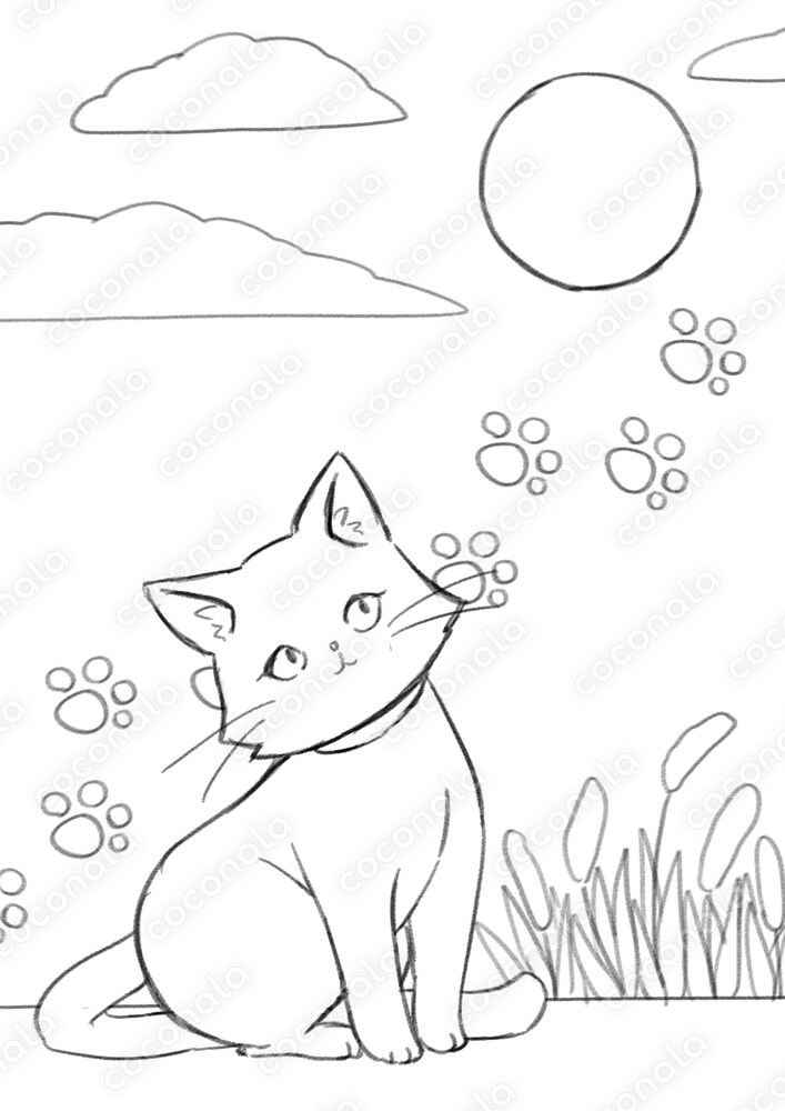 塗り絵用線画イラスト　二次利用・商用利用可　猫さんとお月見