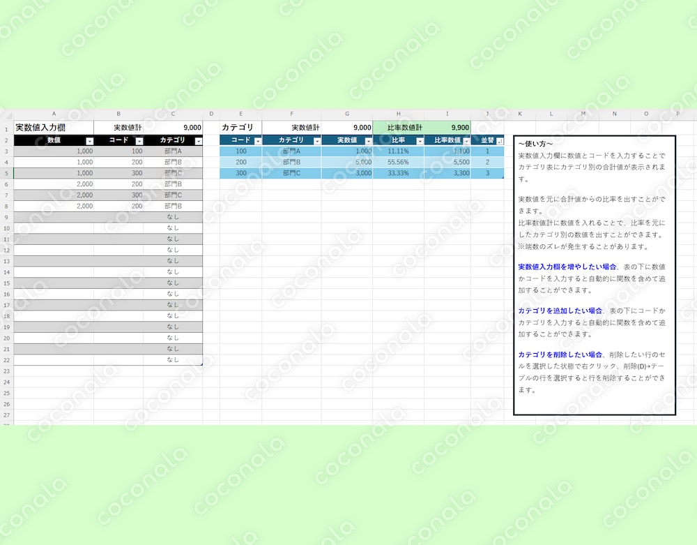 カテゴリ別に自動集計・按分できるExcelテンプレート