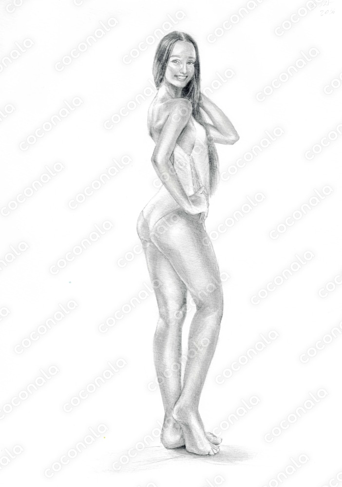 鉛筆画/モノクロ/白黒/女性の全身