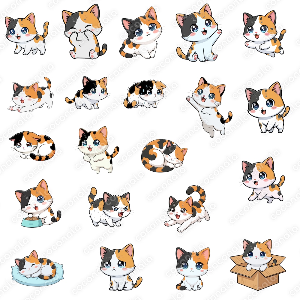 かわいい三毛ネコのイラスト・セット